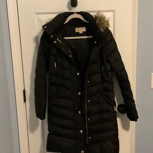 Michael Kors Black Quilted Long Puffer Coat with Faux Fur Hood Trim
